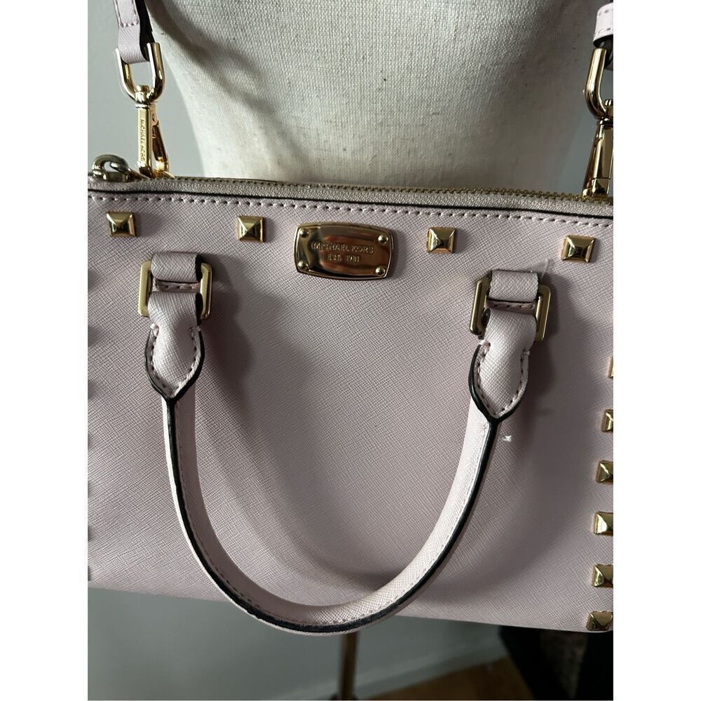 Michael Kors Saffiano Leather Kellen Studded Blossom Satchel Bag in Pink Purse - Picture 2 of 6